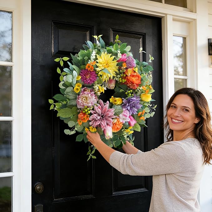 24 Inch Spring Summer Wreaths for Front Door Outside, Luxury Colorful Seasonal Floral Wreath with Chrysanthemums Roses Tulips & Berries, Faux Spring Summer Door Wreath for Outdoor Home Decor