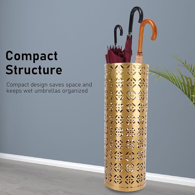 Fockety Metal Umbrella Holder, Round Proof Umbrella Storage Organizer Hollow Copper Pattern Umbrella Organizer Bin Umbrella Stand Rack for Home Entryway Hotel Office Decor (S