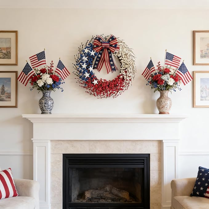 Idyllic 22 Inch Large Patriotic Wreath with Red White Blue PE Ribbons & White Stars - 4th of July Memorial Day Front Door Decor, Outdoor Holiday Wreath