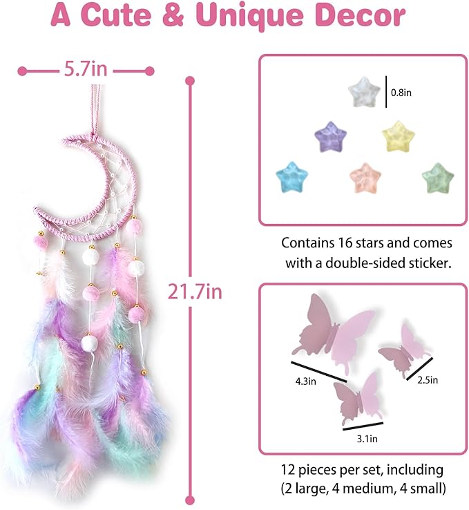 Fun-Plus Pink Dream Catcher Wall Hanging Set - 10 Butterflies & 16 Stars, Boho Room Decor for Girls, Easy Peel & Stick Wall Art for Bedroom, Nursery, Teen Room for Daughter, Birthday, Christmas