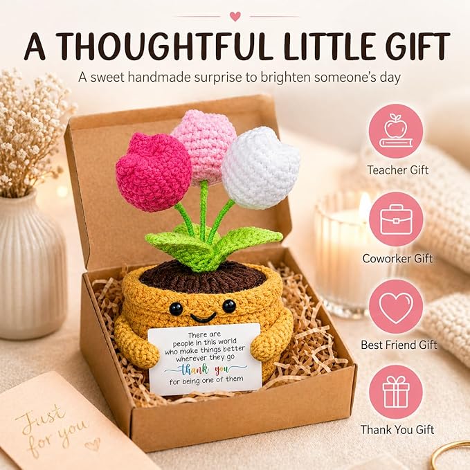 Velyra Tulip Crochet Doll, Make Things Better Positive Flower Doll with Appreciation Card, Handmade Emotional Support Plush, Thank You Gift, Teacher Nurse Coworker Gifts, Small Desk Shelf Decor
