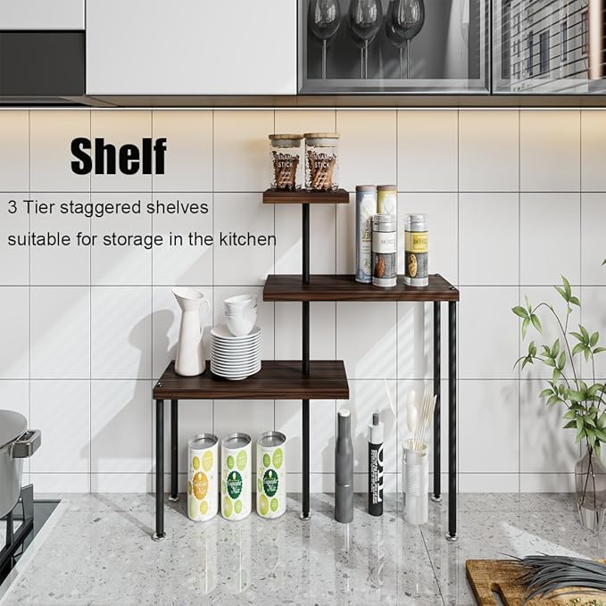 Countertop Organizer Organization 3 Tier Kitchen Corner Shelves Adjustable Spice Storage Rack for Bathroom Coffee Area Over Sink (Black Oak)