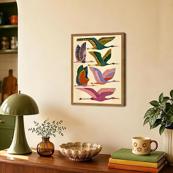 Framed Colorful Bird Wall Art, Vintage Flying Heron Pictures Wall Decor, Mid Century Modern Animal Paintings Canvas Prints Abstract Home Decor Aesthetic Artwork for Living Room Bedroom 12x16 inch