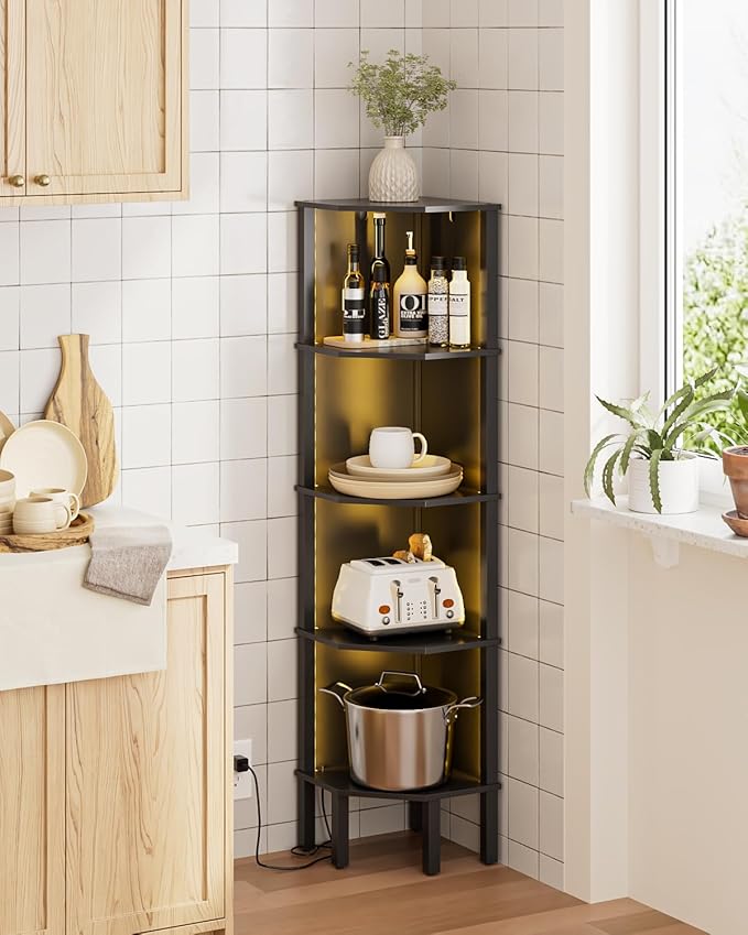 Corner Shelf Stand, 5 Tier Corner Bookshelf,Corner Furniture for Bedroom Display Corner Shelf for Small Space,Wood Shelves with Storage Rack for Living Room,Office,Black