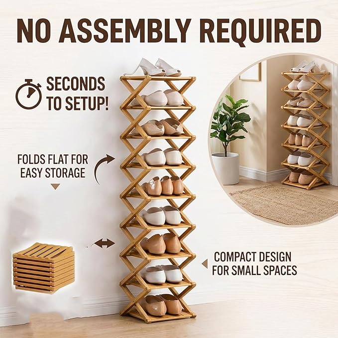 9 Tier Bamboo Shoe Rack, Foldable Shoe Rack, Shoe Rack, Ertical Shoe Organizer for Small Spaces, No Assembly Narrow Shoe Shelf for Entryway Closet Dorm (Yellow, 6 Layers)