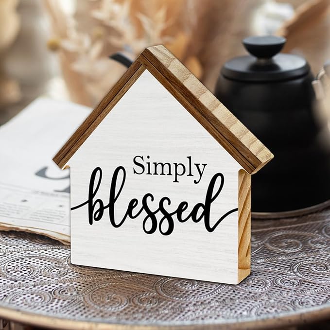 Blessed Signs for Home Decor, Simply Blessed House Shaped Wood Sign, Rustic Farmhouse Home Living Room Decor for Desk Table Shelf