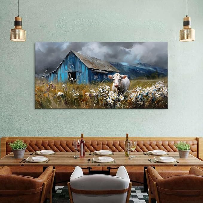 Rustic Farmhouse Wall Art Cow and Blue Barn Canvas Pictures Country Landscape Wall Decor Wildflower Field Painting Farm Animal Artwork for Living Room Dining Room Bedroom Home Decoration 29.53x 57.87"