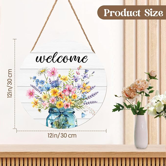 Harooni Spring Summer Welcome Door Sign for Front Door Spring Mason Jar Flowers Door Hanger Sign Wildflower Butterfly Wood Wreath Farmhouse Front Wreaths for Porch Wall Indoor Home Decor 12"x12"