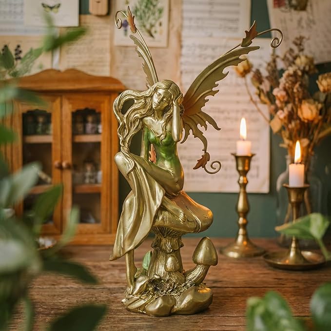 Resin Fairy Statue Elegant Fantasy Decor, Hand-Painted Angel Figurine Graceful Fairy Sculpture for Bookshelf, Mantel, Indoor Outdoor Decor, Thoughtful Gift for Women, Girls (Thinking)