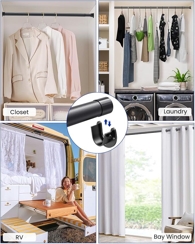 4 PACK Closet Rods for Hanging Clothes, 17 to 39 Inches Stepless Adjustable Metal Closet Rod, 1.3 Inches Heavy Duty Clothes Hanging Rod for Closet Wardrobes Laundry RV, Black