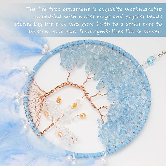 Pretty Jolly Double Tree of Life Dream Catcher Wall Decor with Healing Crystal Stone Handmade Cyan Blue White Feather Dream Catchers Decoration Wall Hanging Bedroom Room Wedding Party Wish Gift-25.6"