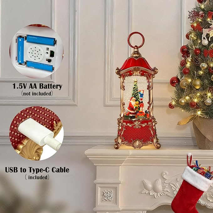 Snow Globes Lantern Home Decor Accent for Child Santa Claus Tree Auto Snowfall Glitter Music Collection with 6H Timer USB/Battery Powered 12.5 inch