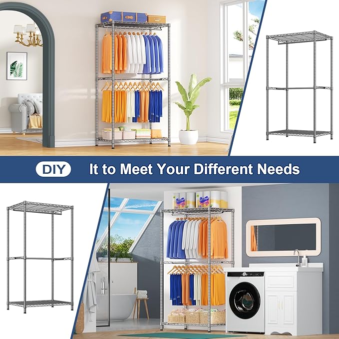 Ulif E12 Pro Clothes Rack，Heavy Duty Freestanding Garment Rack with Shelves，Metal Clothing Closet Storage System for Hanging Clothes，71" W x 16" D x 76.5" H, Hold 960 lbs，Grey