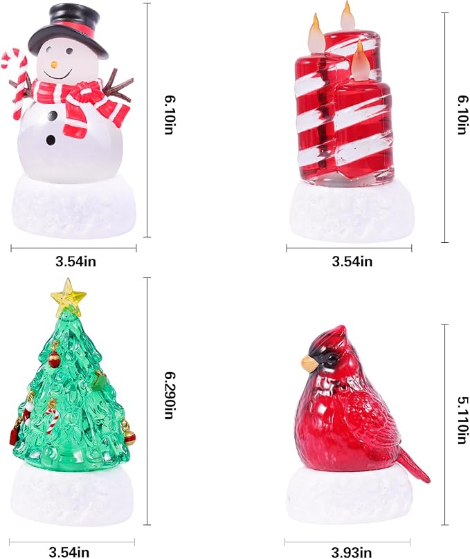 4 Pack Christmas Snow Globes Tree Snowman Cardinal Candle with 8 Songs Music and 6H Timer USB & Battery Powered Water Globe Swirling Glitter for Holiday Decorations (Tree Snowman Cardinal Candle)