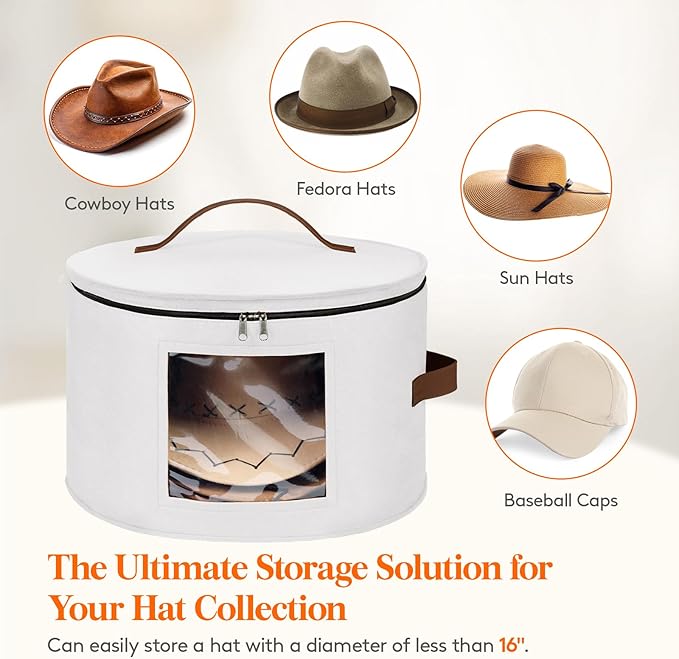 Lifewit Round Cowboy Hat Box for 7 Caps, Large Felt Hat Organizer Bag for Men&Women Storage, Baseball Cap Container with Lid for Travel, Foldable 16.5" Dx10.6 H Carrier, 37L Each, White 2 Pack