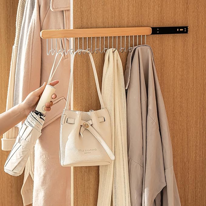 Pull Out Belt Rack for Closet, Sliding Hooks Hanger Rack for Bras Ties Tank Top Scarf Jewelry, Space Saving Organizr for Wardrobe Cabinet, Left & Right Side 8 Hooks Rail, 2 Pcs