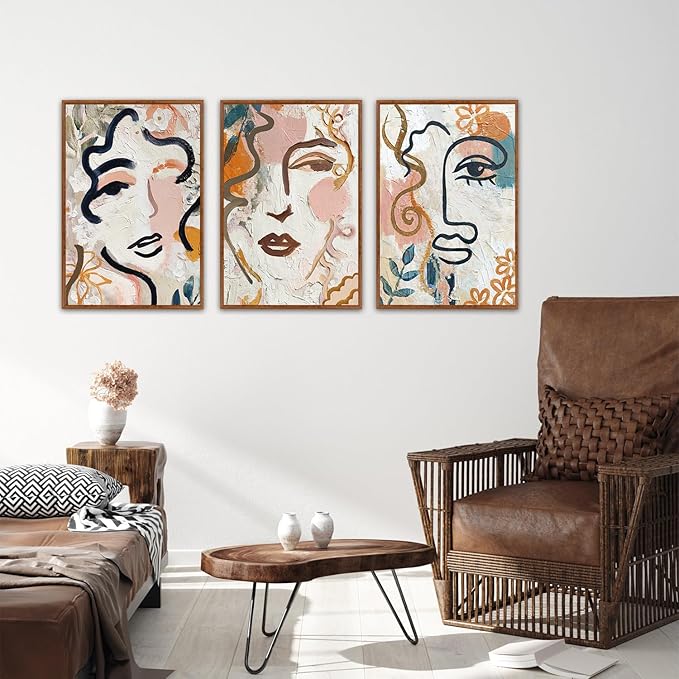 KAlRNE Abstract Woman Wall Art Set of 3(24”X36”),Boho Modern Line Wall Decor,Modern Matisse Framed Canvas Paintings, Floral Graffiti Art Prints For Living Room Bedroom Women Office Decoration
