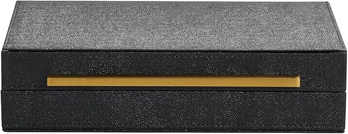 Kingflux Black Shagreen Leather Decorative Box, Storage Box Jewelry Organizer, Woment&Men's Accessory Organizer With Matt Golden Stainless Steel Handle (Black)