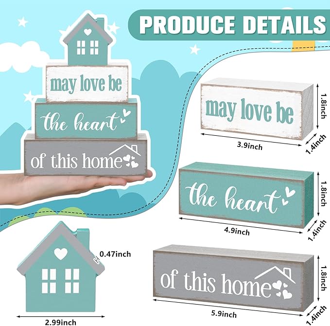 Cinnvoice 4 Pcs Farmhouse Tabletop Decor Rustic Family Blessed Home Table Centerpiece This Is Us Sign for Kitchen Shelf Desk Fireplace Mantel Tiered Tray Decor(May Love Be the Heart of This Home)