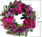 Artificial Purple Rose Wreaths 20 inches Front Door Wreath with Hydrangea Green Leaves Artificial Spring Wreaths Valentines Mother's Day Wreath for Wall Wedding Party Home Decor (Purple)