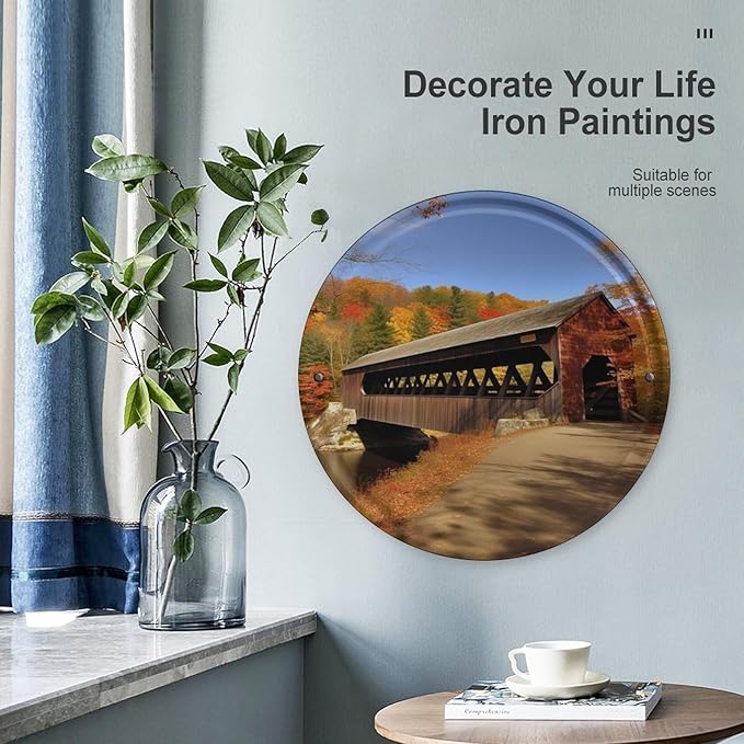 Wall Picture, with Albany Covered Bridge Printed Circular Iron Hanging Picture,Wall Art Decor,Home for Bedroom Living Room Bathroom Decor,Iron Painting 11.8X11.8 in