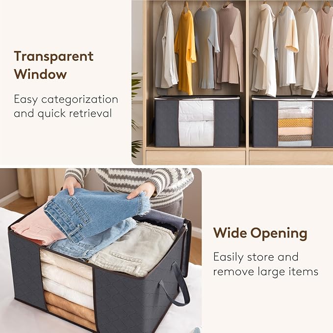 Lifewit 9 Pack 90L Clothes Storage Bins with Lids, Foldable Blanket Storage Bags with Zippers, Clear Window and Reinforced Handles, Closet and Organization for Clothing, Sweater, Comforter, Bedding