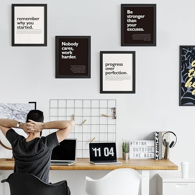 DSHFG Motivational Office Pictures Wall Decor Prints Set of 4, Black Motivational Wall Art Decor Retro Posters Prints for Office Home Decor, 8x10 Unframed