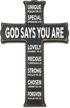 VZVCTFS God Says You Are Wooden Cross - 6.5x10 Inch Inspirational Bible Verse Wall Decor for Home Office Kitchen, Christian Scripture Hanging Gift for Easter Christmas（Black）- A06