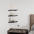 JJL Corner Shelf with Rails, 3-Tier Fan-Shaped Floating Corner Shelf Wall Mounted, 12 Inch Black Rustic Wood Heavy Duty Wall Storage for Bathroom Kitchen Living Room Bedroom