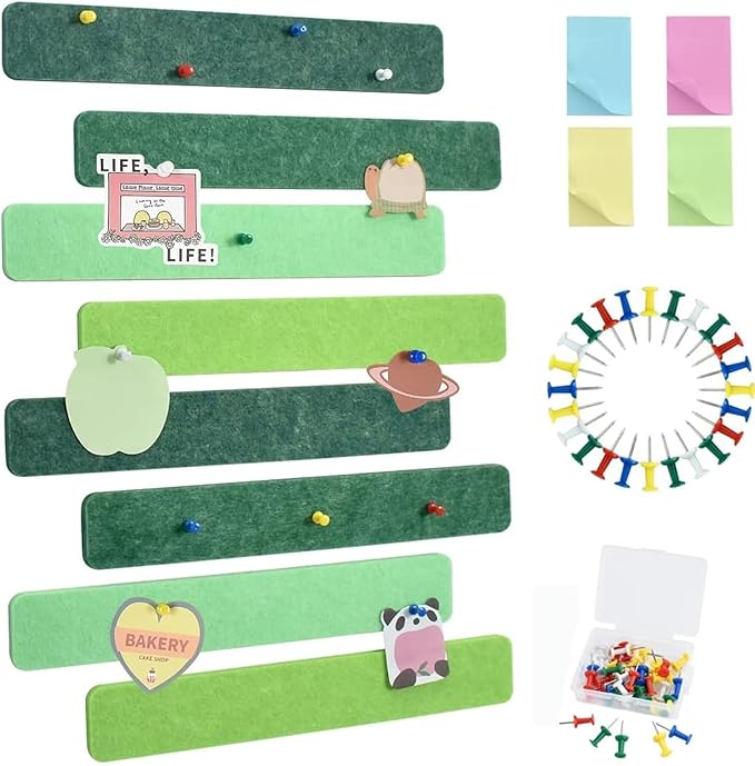 Vuzvuv 8Pcs Green Cork Board Bar Strips with 50 Pushpins & Sticky Notes, Self-Adhesive Bulletin Board Strips No Damage for Wall, Felt Pin Board for Paste Notes, Photos, Schedules Office Decor