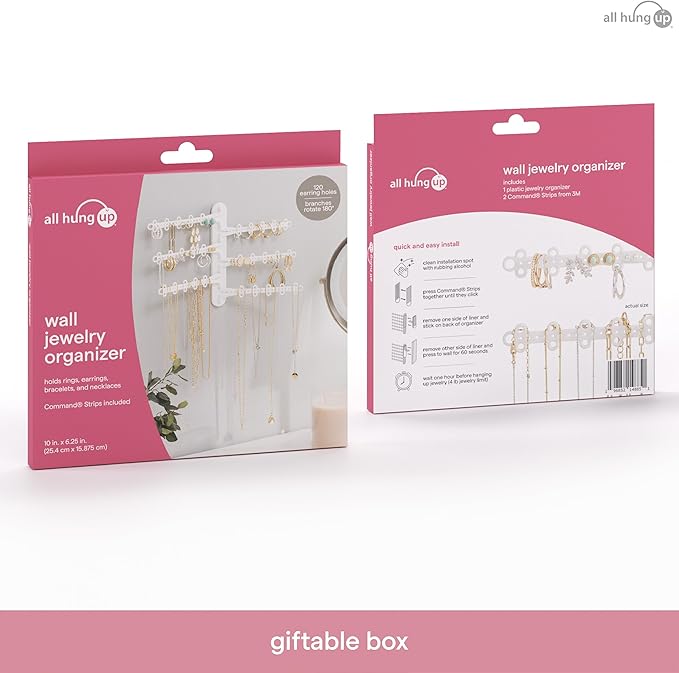 6-Tier 6" Wall Jewelry Organizer, Command Strips included for Easy Hanging, 120 Hole Earring Organizer, Necklace Organizer, Bracelet Holder, Ring Holder, Rotating Branches (White 6-TIer)