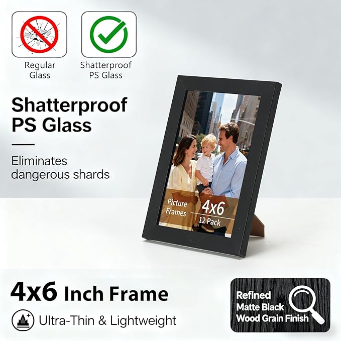 Lyeasw 4x6 Picture Frames Black 12 Pack, Matted Wood Grain Lightweight 4 x 6 Photo Frames for Wall Collage and Desk & Home Decor, with Horizontal or Vertical Placement.