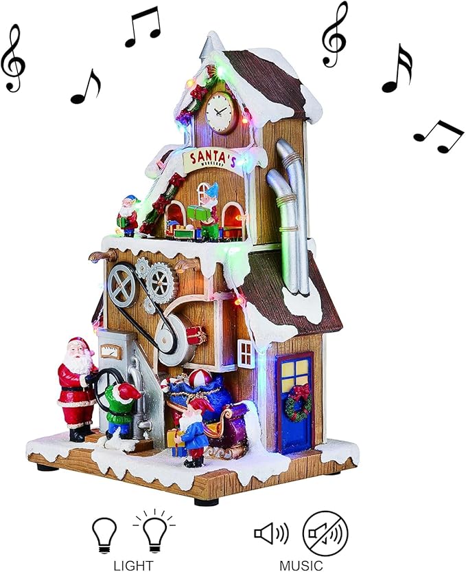 Santa’s Workshop Animated Christmas Village Moments in Time LED Lights, Music & Moving Scene Hand-Painted Polyresin Holiday Building with Adapter Christmas Home Décor Collectible