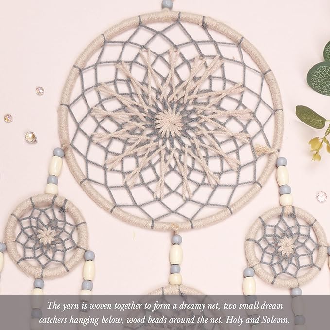Pretty Jolly Grey Pampas Grass Dream Catchers Wall Decor with Handmade Large Native Americans Witch Dreamcatcher with Wood Beads for Adults Bedroom Wedding Garden Bless Birthday Gift-5 Rings