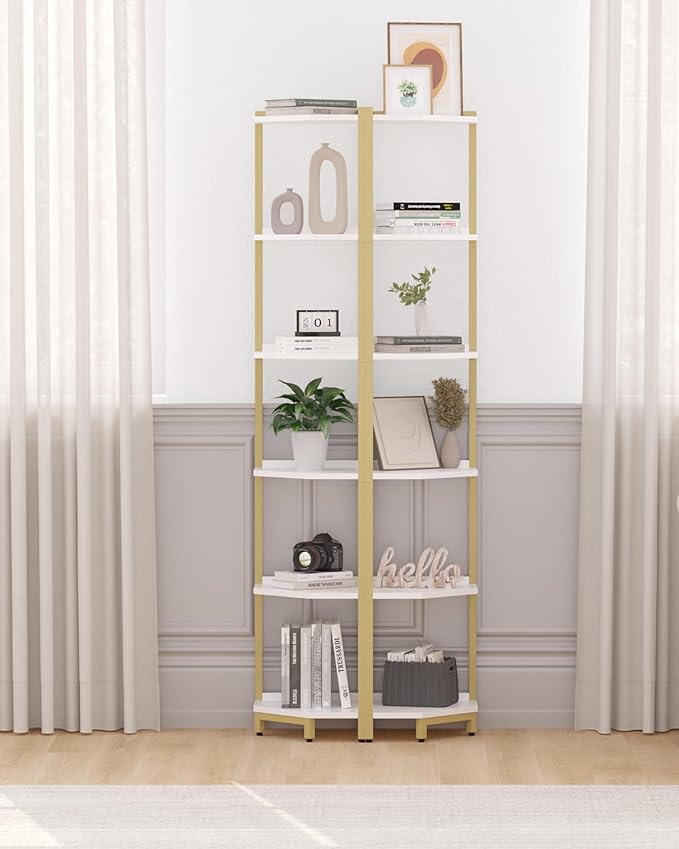 Hzuaneri Corner Shelf Stand, Corner Bookshelf, Storage Standing Shelf Unit with Metal Frame, Plant Stand, Bookcase for Living Room, Home Office, Bedroom, 6-Tier White Gold CS06003A