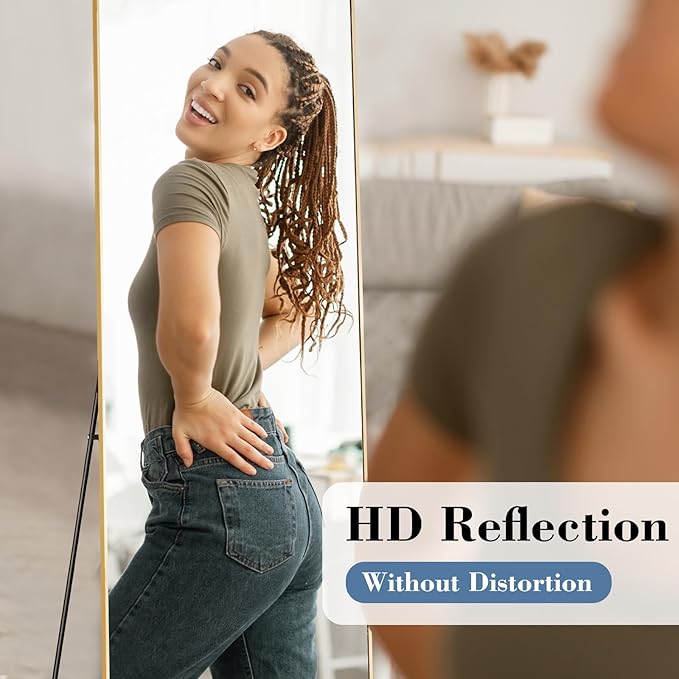 DUMOS 56"x15" Full Length Mirror, Full Body Mirror with Aluminum Alloy Thin Frame, Standing Mirrors with Leaning or Hanging, Suitable for Bedroom, Livingroom, Cloakroom, Gold