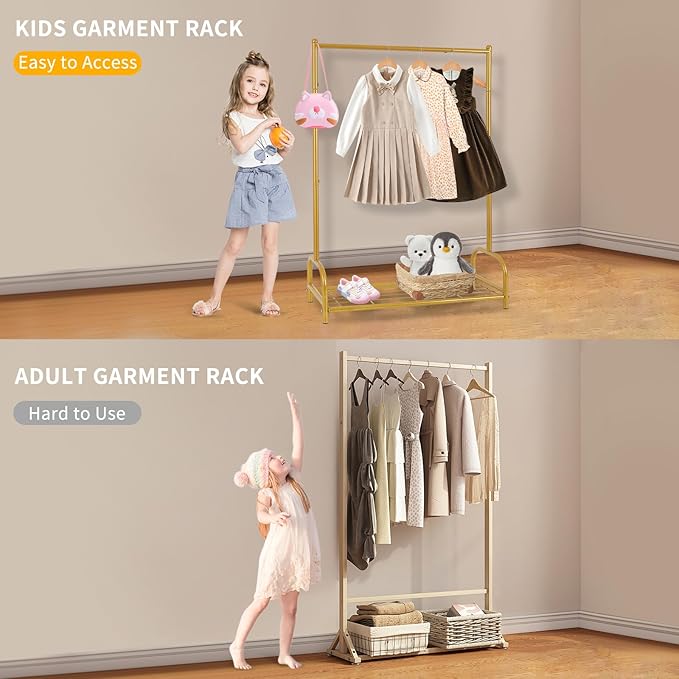Baby Clothes Organizer, Kids Dress Up Storage Rack, Small Clothes Rack with Metal Storage Shelf, Kids Closet Organizers, Baby Closet (Gold)