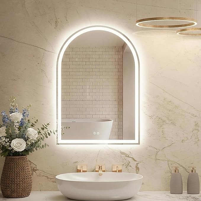 DUMOS 24"x36" LED Bathroom Mirror with Lights, Arched Vanity Mirror with Anti-Fog, Dimmable, 3-Color Light, Memory Function, Front Light and Backlit, Tempered Glass