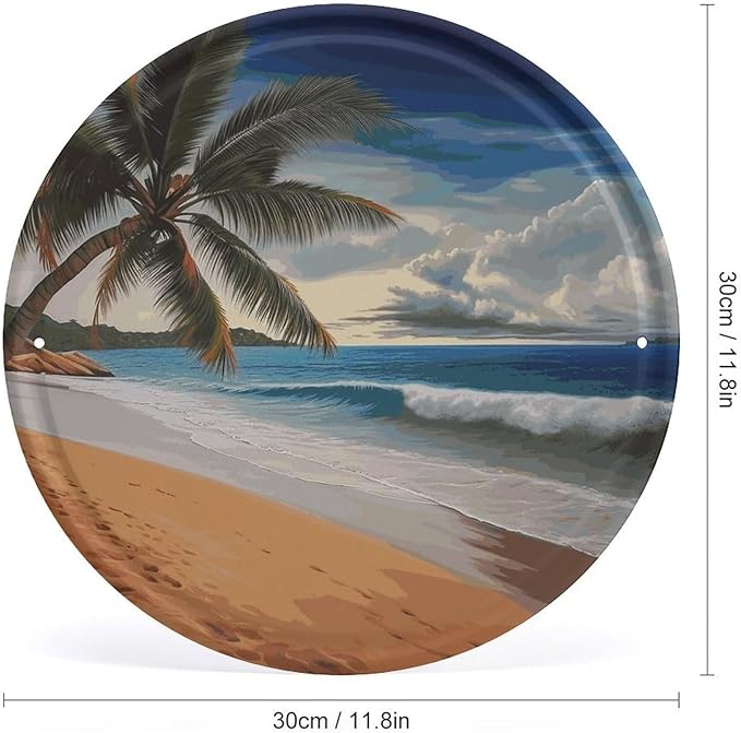 Wall Picture, with Coconut Palm Tree Sandy Beach Printed Circular Iron Hanging Picture,Wall Art Decor,Home for Bedroom Living Room Bathroom Decor,Iron Painting 11.8X11.8 in