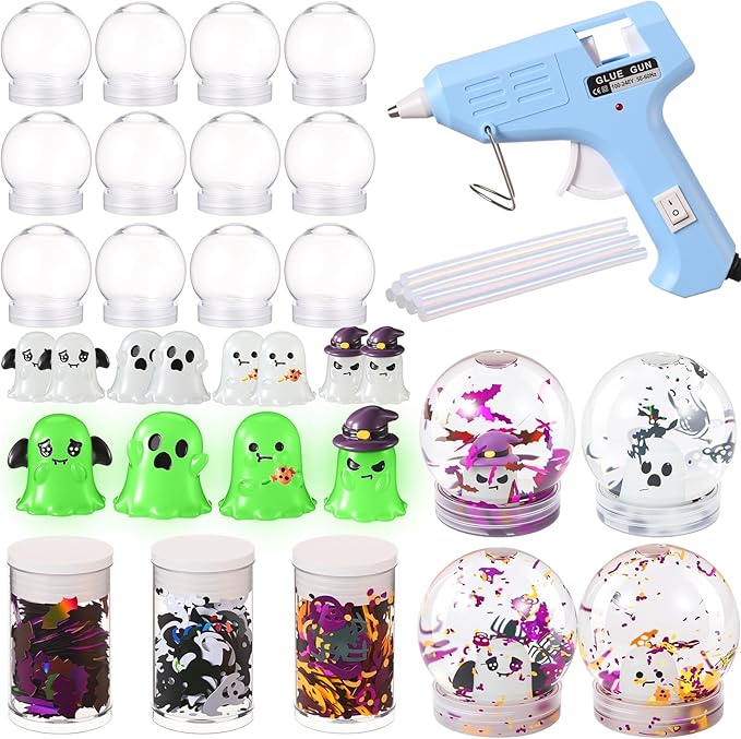 12 Sets Valentine Clear Plastic Snow Globes Kit with Heart Bear, Heart Sequins Flakes, Glue Guns for Wedding DIY Snow Globes Craft Gifts for Her Women (Halloween)