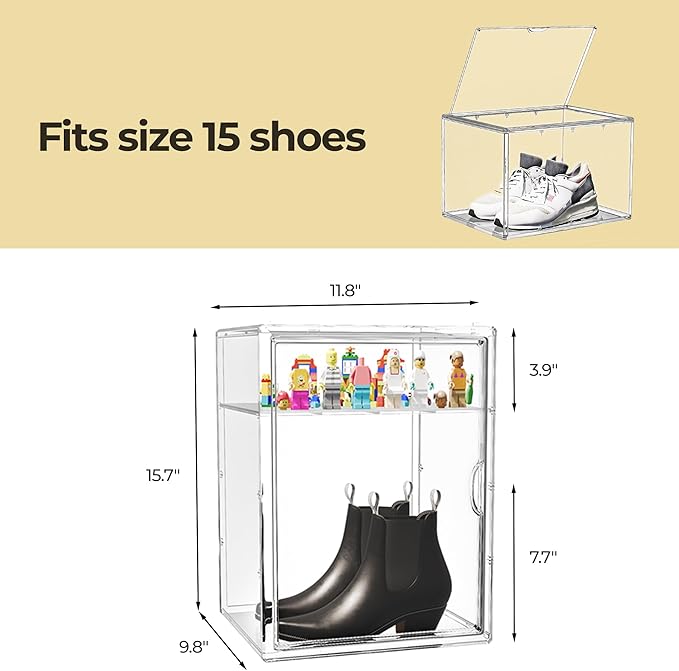 15.75''x11.81''x9.84'' XX-Large Clear Shoe Storage Boxes with Divider, Stackable Plastic Boot Boxes with Magnetic Door, Acrylic display case Box with Lids for Sneaker Purses Handbags Books (3)