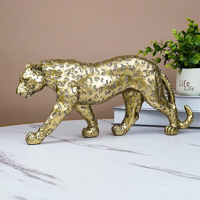 Cheetah Statue Home Decor Leopard Sculpture Resin Sitting Cheetah Figurine Desktop Table Top Ornament Decoration for Home Office-Gold Or Silver (Walking-Champagne Gold)