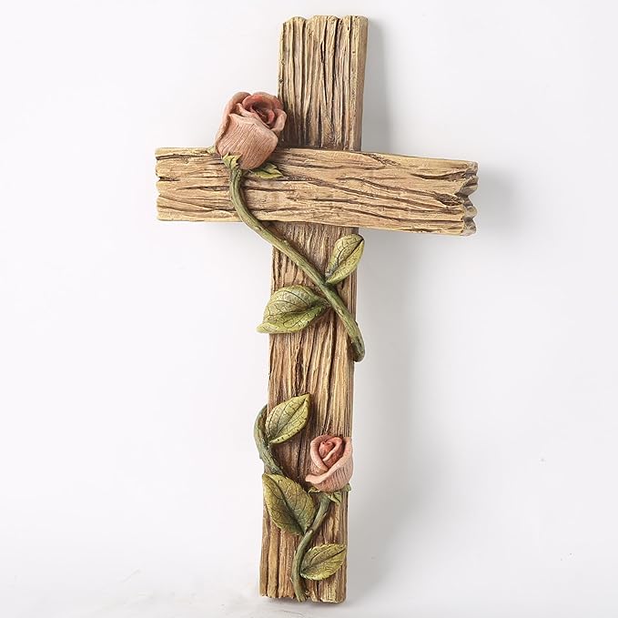 BC Home Decor 8.25" H Mystical Rose Cross for Wall, Wood Carve Looking Spring Rustic Catholic Home Decor, Mother's Day Religious Gift, Handpainted by Buildclassic