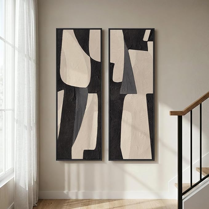 Long Narrow Framed Neutral Abstract Vertical Wall Art, Set of 2 Modern Canvas Prints Paintings Artwork for Walls, Black and Beige Minimalist Pictures Living Room Bedroom Hallway Entryway Wall Decor