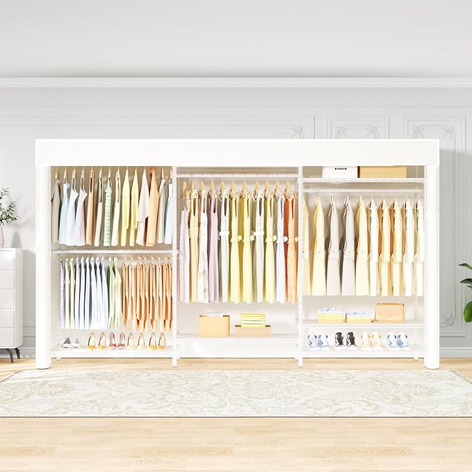 Ulif E13C Max Heavy Duty Closet Organizer System，Freestanding Clothing Racks for Hanging Clothes，Adjustable Garment Rack 86" W x16 D x77 H Hold 1100 lbs，White Rack with White Dustproof Cover