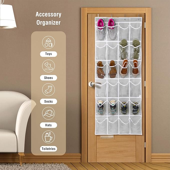 Over the Door 24 Pocket Hanging Shoe Organizer, Space Saving Hanging Storage Holder, Gray, (64" X 19")