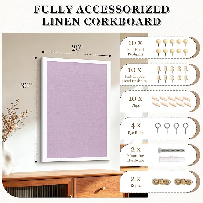 DOLLAR BOSS Bulletin Board with Linen Double-Sided 30" x 20" Linen Cork Boards for Walls Picture Display Vision Board for Office Home School Framed Picture Pin Board, 20 Pushpins 10 Clips, Purple