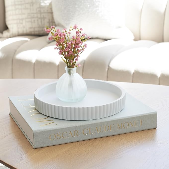 Decorative Concrete Tray & Book Decor Set - Scalloped Tray & Linen Box Enhance Your Coffee Table or Bookshelf Decor - Stylish Home Decoration for Your Living or Dining Room & as a Housewarming Gift