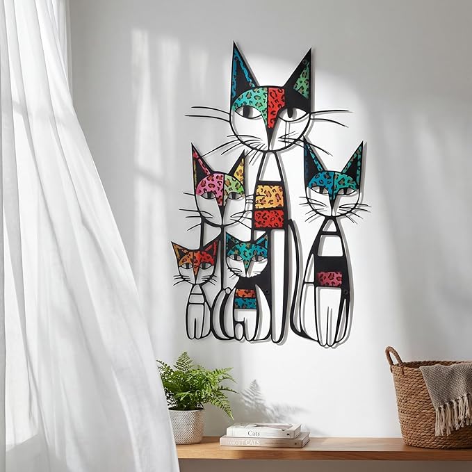 Wesiti Cat Wall Art Decor Iron Wall Sculptures Decor for Cats Lover 10.6 x 15.7 Inches Colorful Mid Century Cat Signs for Home Living Room Bedroom Kitchen Office(Leopard Print)