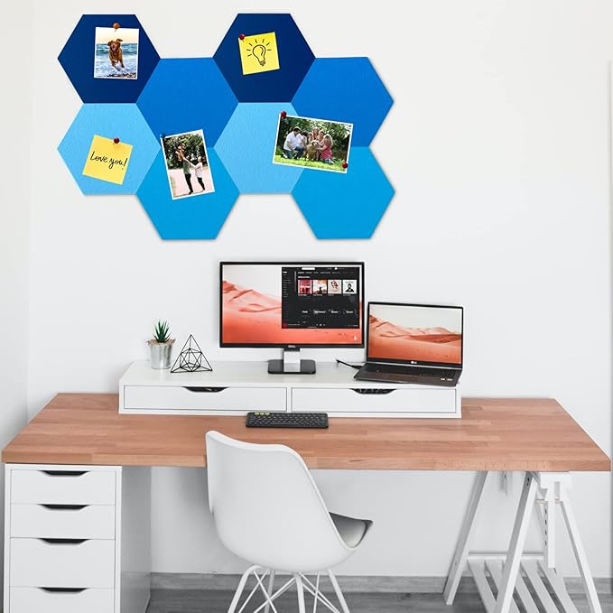 8Pcs Hexagon Felt Cork Board Tiles, Self Adhesive DIY Bulletin Board Pin Board for Office School Home Wall Decor Stickers Memos Photos Display (Gradual Blue)